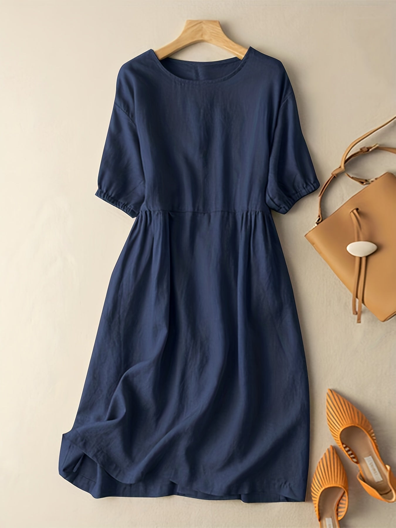 Solid Crew Neck Short Sleeve Dress for Women