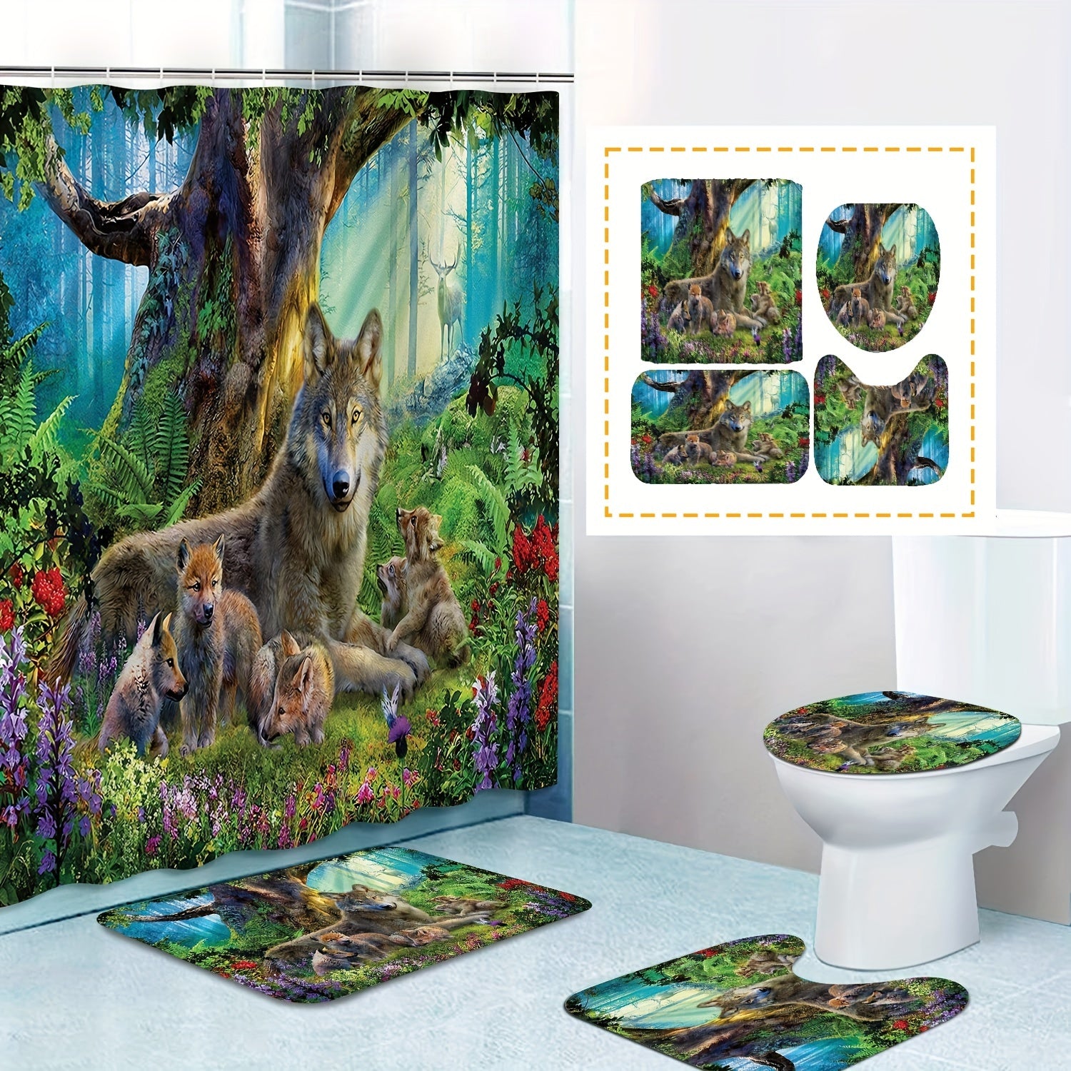 3pcs Forest Animal Bathroom Set Waterproof Shower Curtain with 12 Hooks