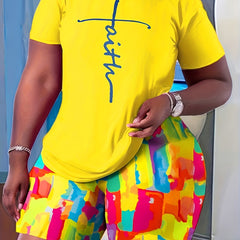 Women's Plus Cross Letter Print Tee & Tie Dye Shorts Set