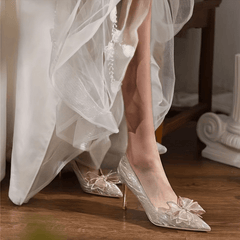 Rhinestone Bow High Heels Glitter Pointed Toe Stiletto Slip On Pumps