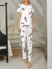 Panda Print Pajama Set Short Sleeve Crew Neck Top & Pants