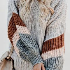 Striped Lantern Sleeve V Neck Sweater