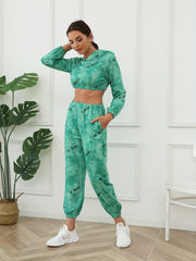 2pcs Sports Letter Graphic Hooded Crop Top & Pants Set Women's Activewear