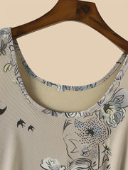 Vintage Floral Print Tank Top Crew Neck Sleeveless Summer Top