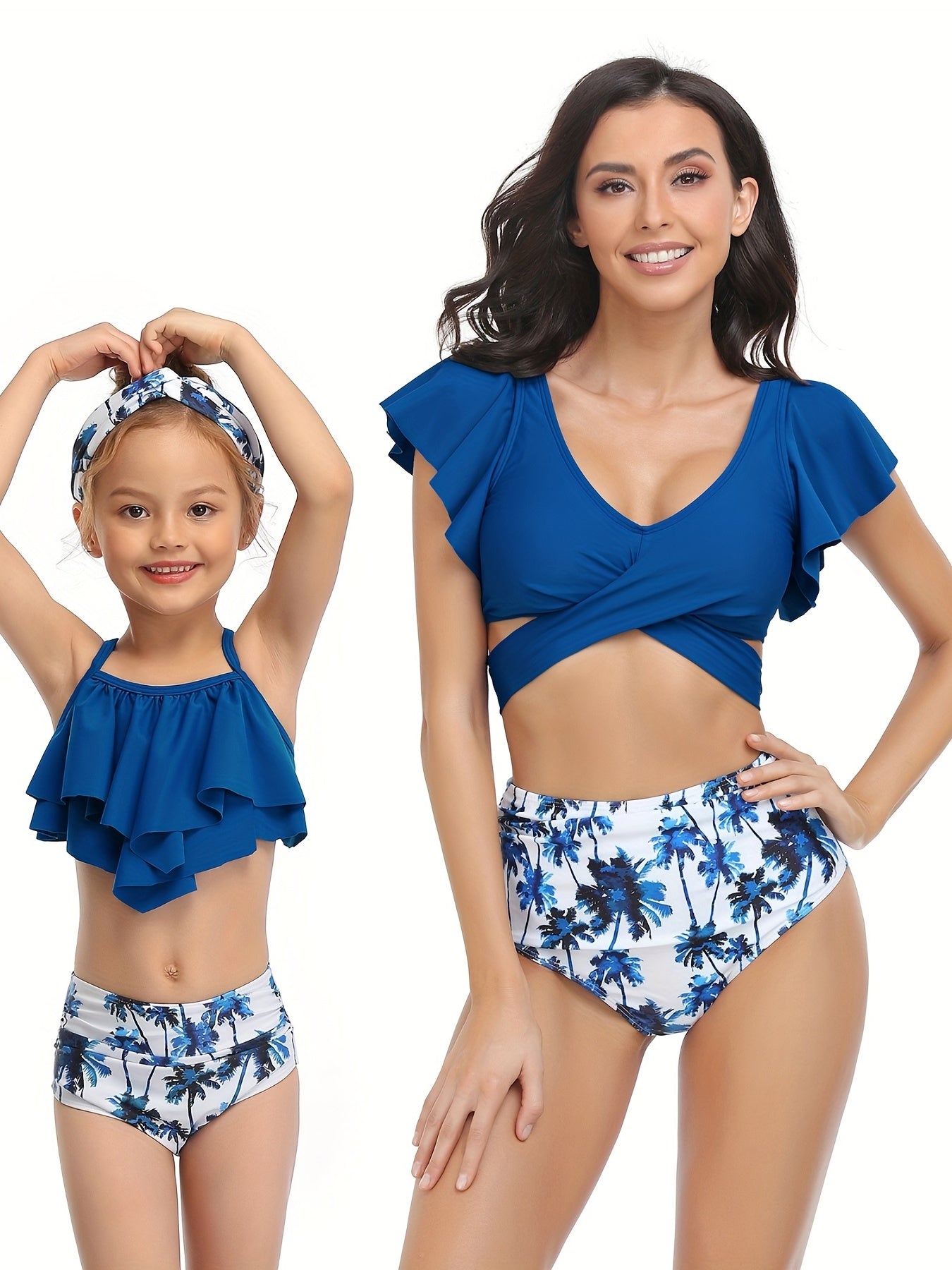 Mom & Daughter Matching Bikini Swimsuit Set Tropical Plant Print Ruffle