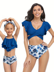 Mom & Daughter Matching Bikini Swimsuit Set Tropical Plant Print Ruffle
