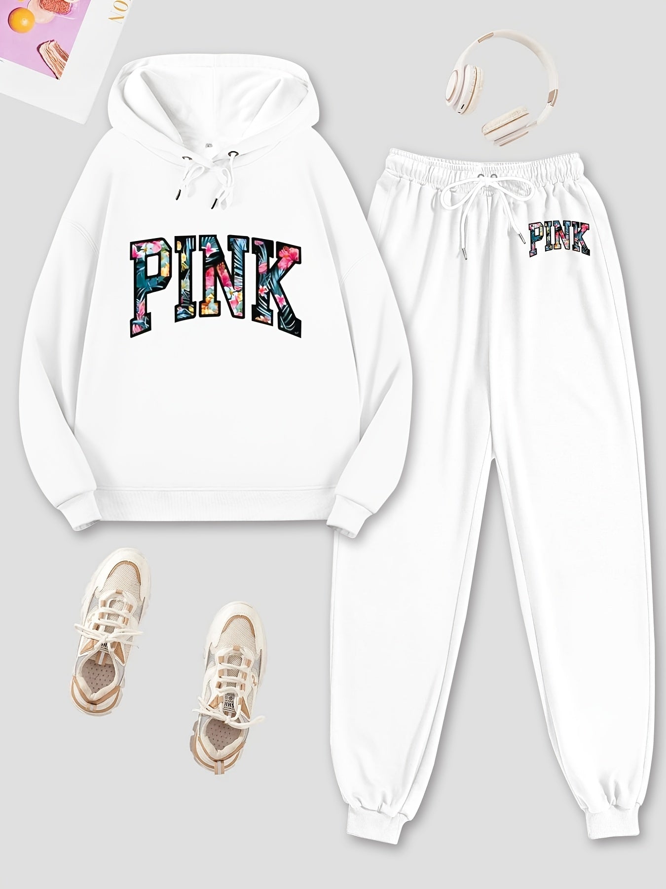 Letter Print Hoodies & Jogger Pants Set Solid Long Sleeve