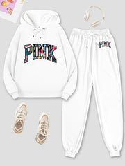 Letter Print Hoodies & Jogger Pants Set Solid Long Sleeve
