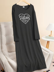 Heart Letter Graphic Long Sleeve Tee Home Wear Dress