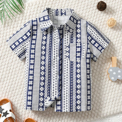 Boys Geometry Print Shirts Button Lapel Tops Kids Summer Clothes