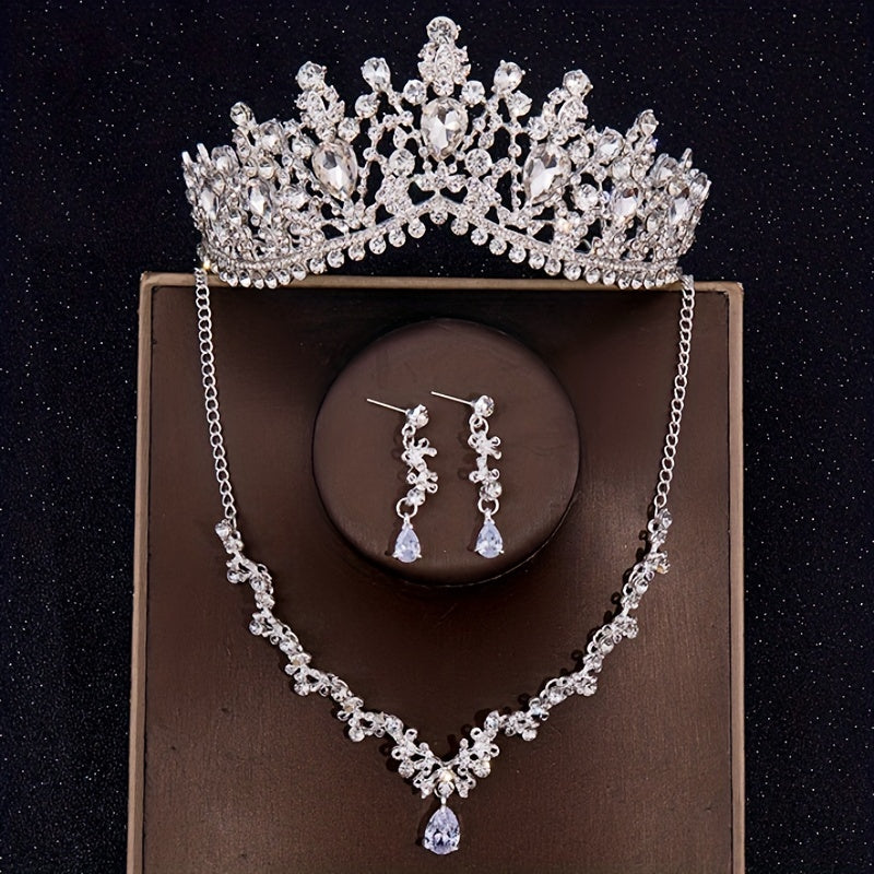 Baroque Crystal Crown Tiara Necklace Earrings Set For Women