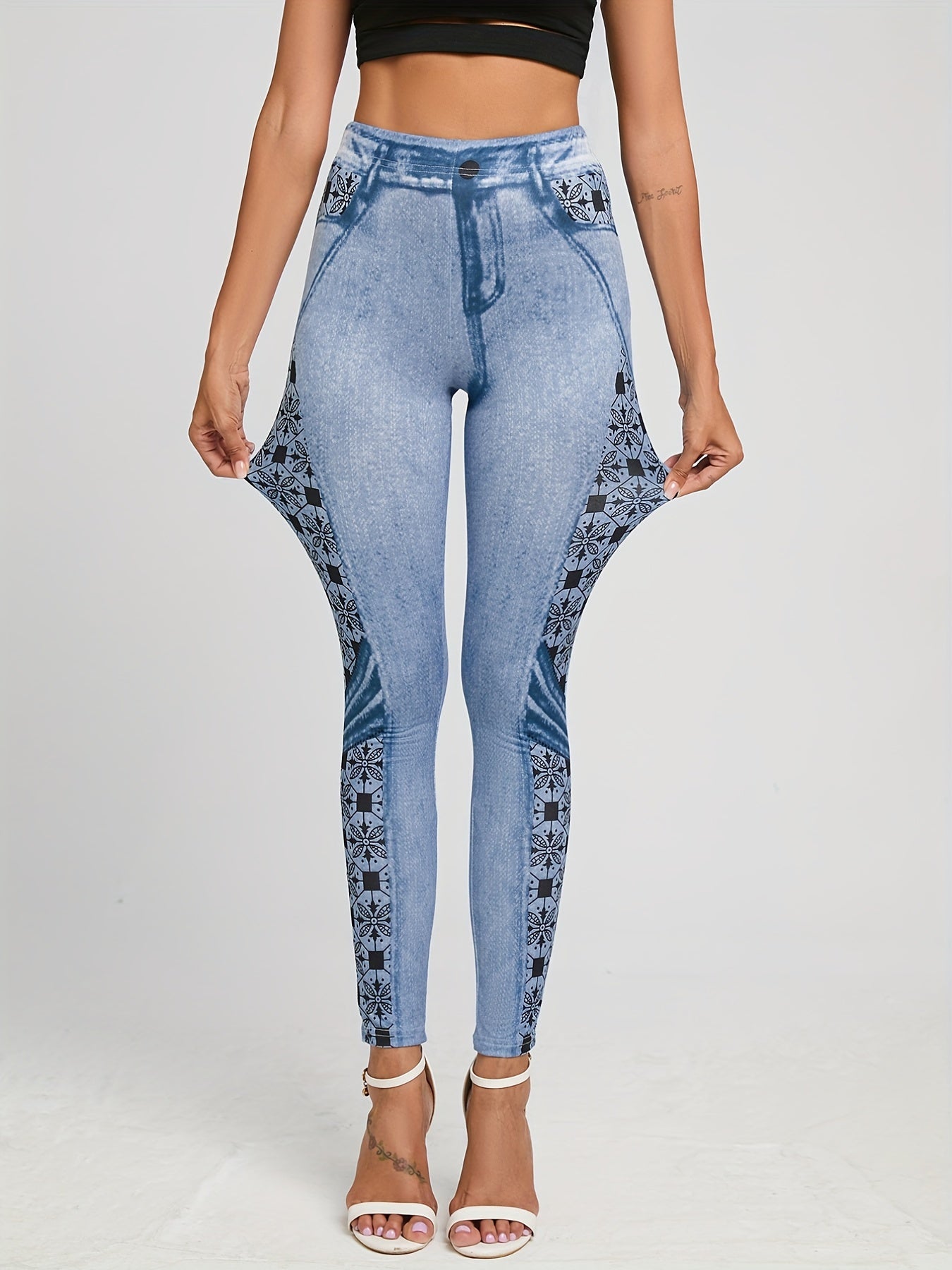 Denim Print Skinny Leggings Stretchy Casual Leggings