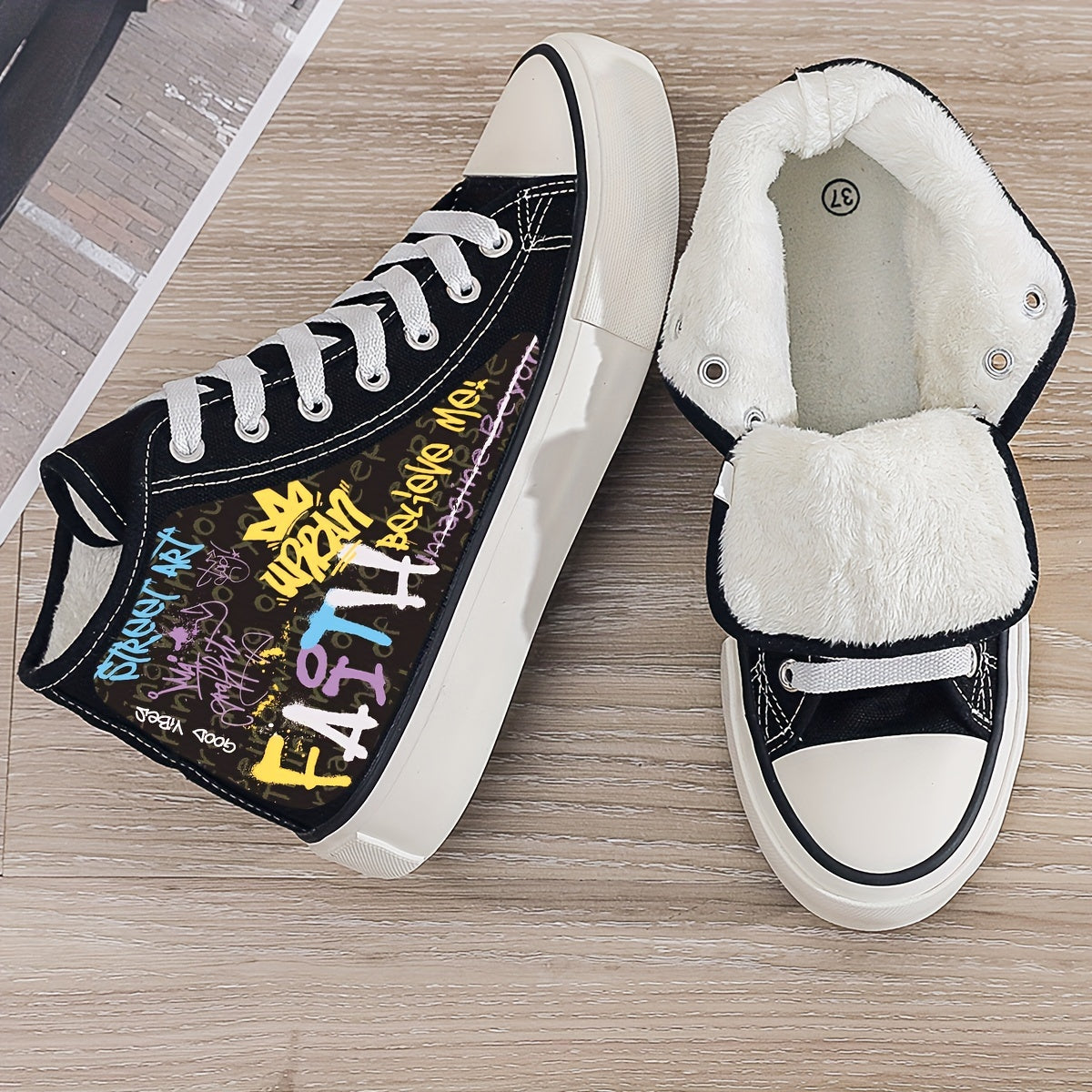 Faith Graffiti Print Plush Lined Chunky Canvas Sneakers
