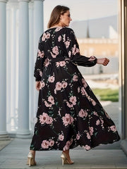 Women's Plus Floral Maxi Dress Long Sleeve V Neck Belt