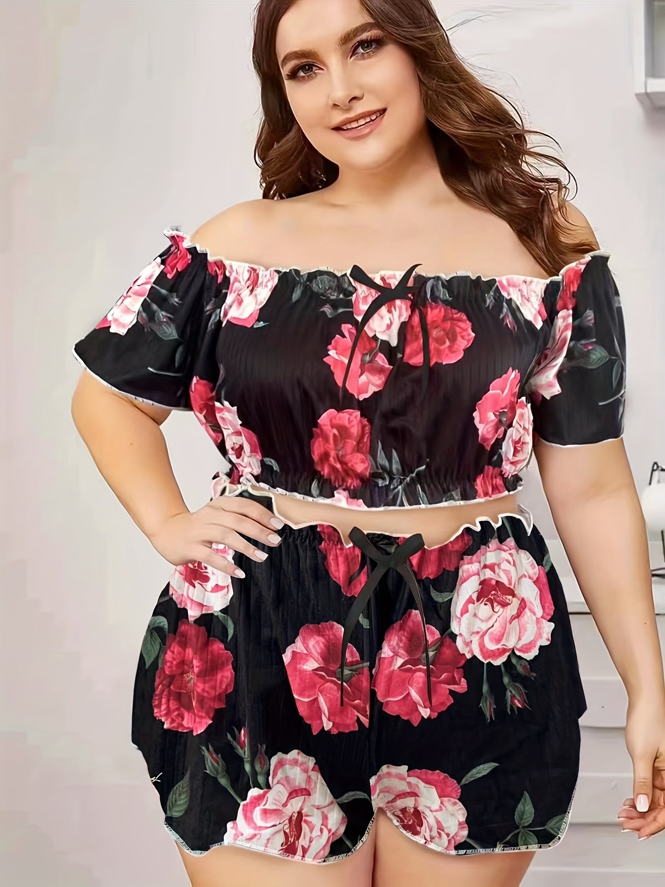 Rose Print Off Shoulder Crop Top & Shorts Pajama Set