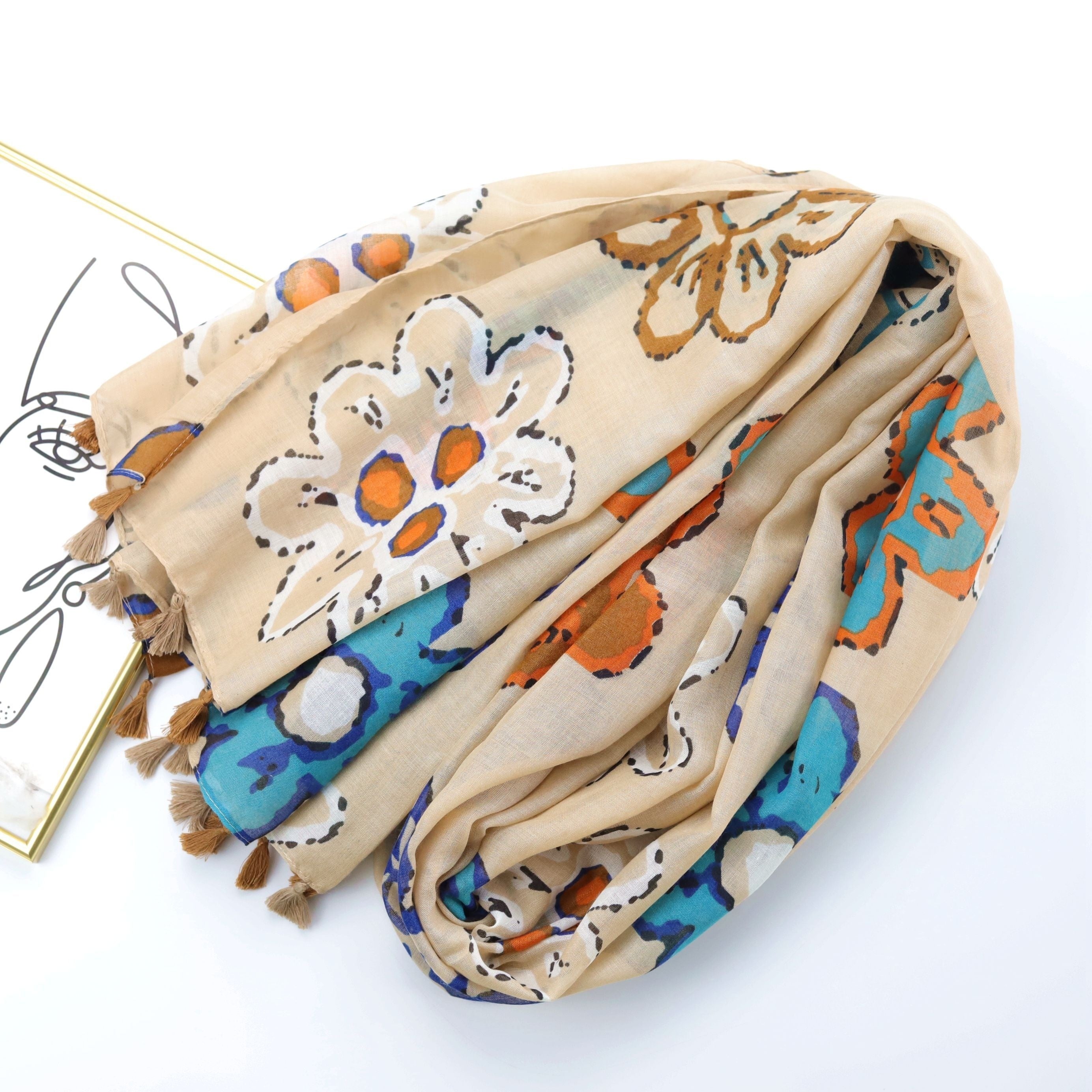 Colorful Flower Graffiti Tassel Scarf Beige Printed Shawl