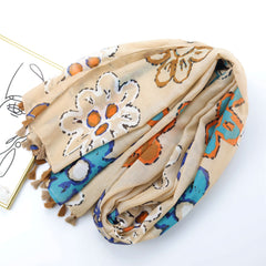 Colorful Flower Graffiti Tassel Scarf Beige Printed Shawl