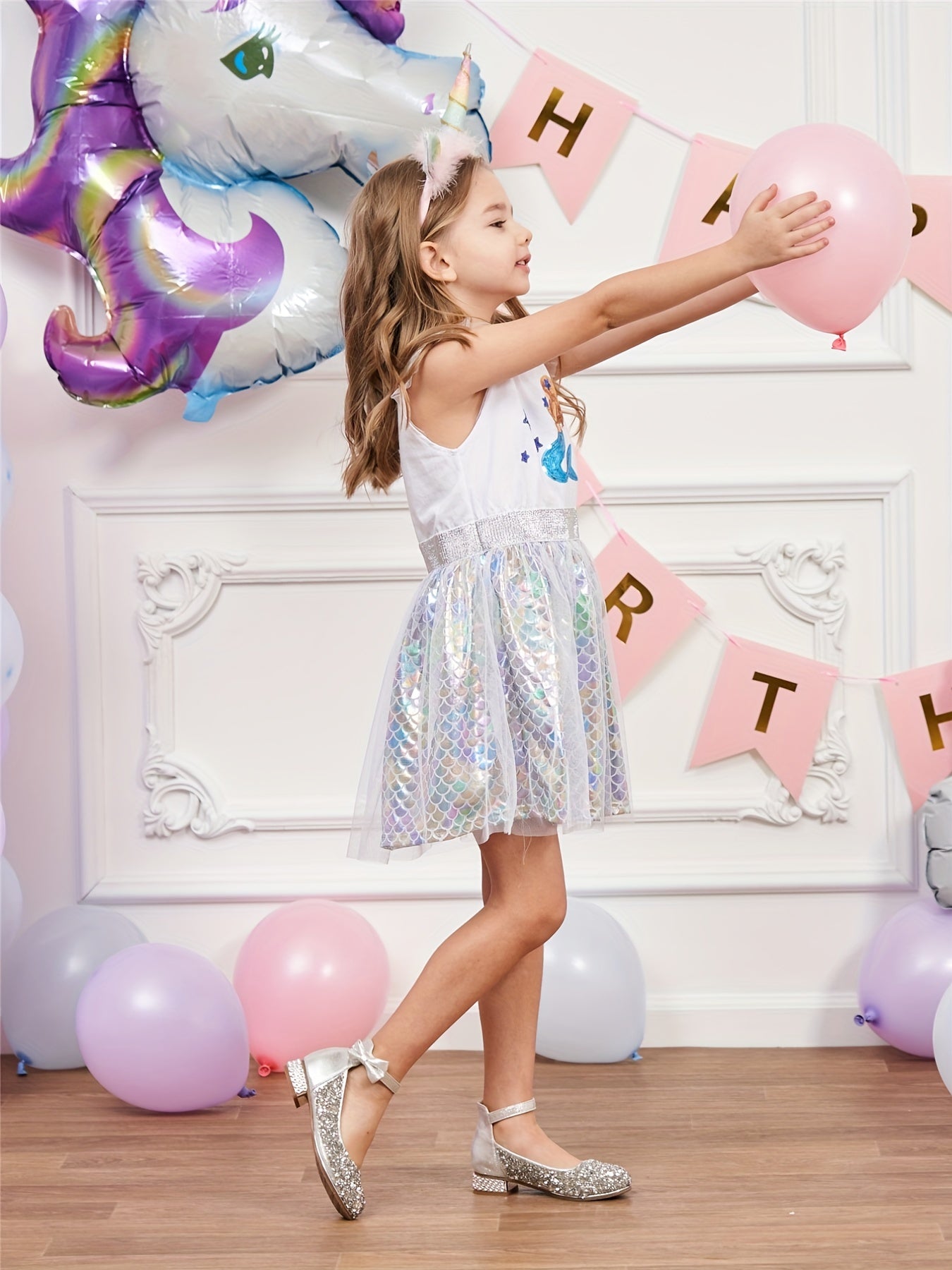 Girls Casual Cartoon Princess Dress Mermaid Sleeveless Mesh Dress