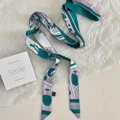 Flower Print Double Sided Long Ribbon Neckerchief Satin Twilly Scarf