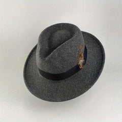 Wool Fedora Hat with Bow Band and Feathers Wide Brim Felt Hat