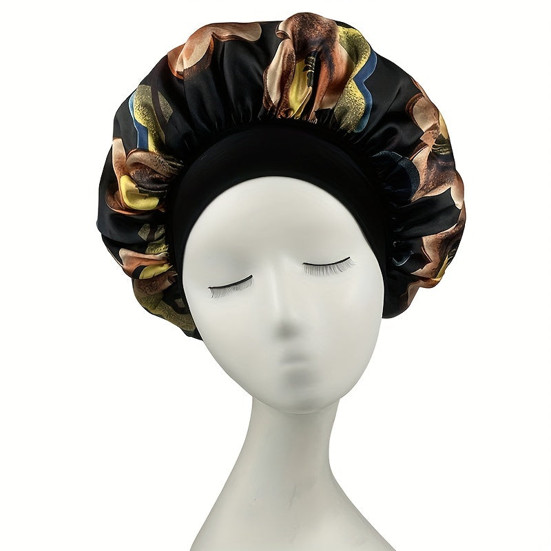 Flower Print Satin Bonnet Soft Elastic Hair Bonnet for Women