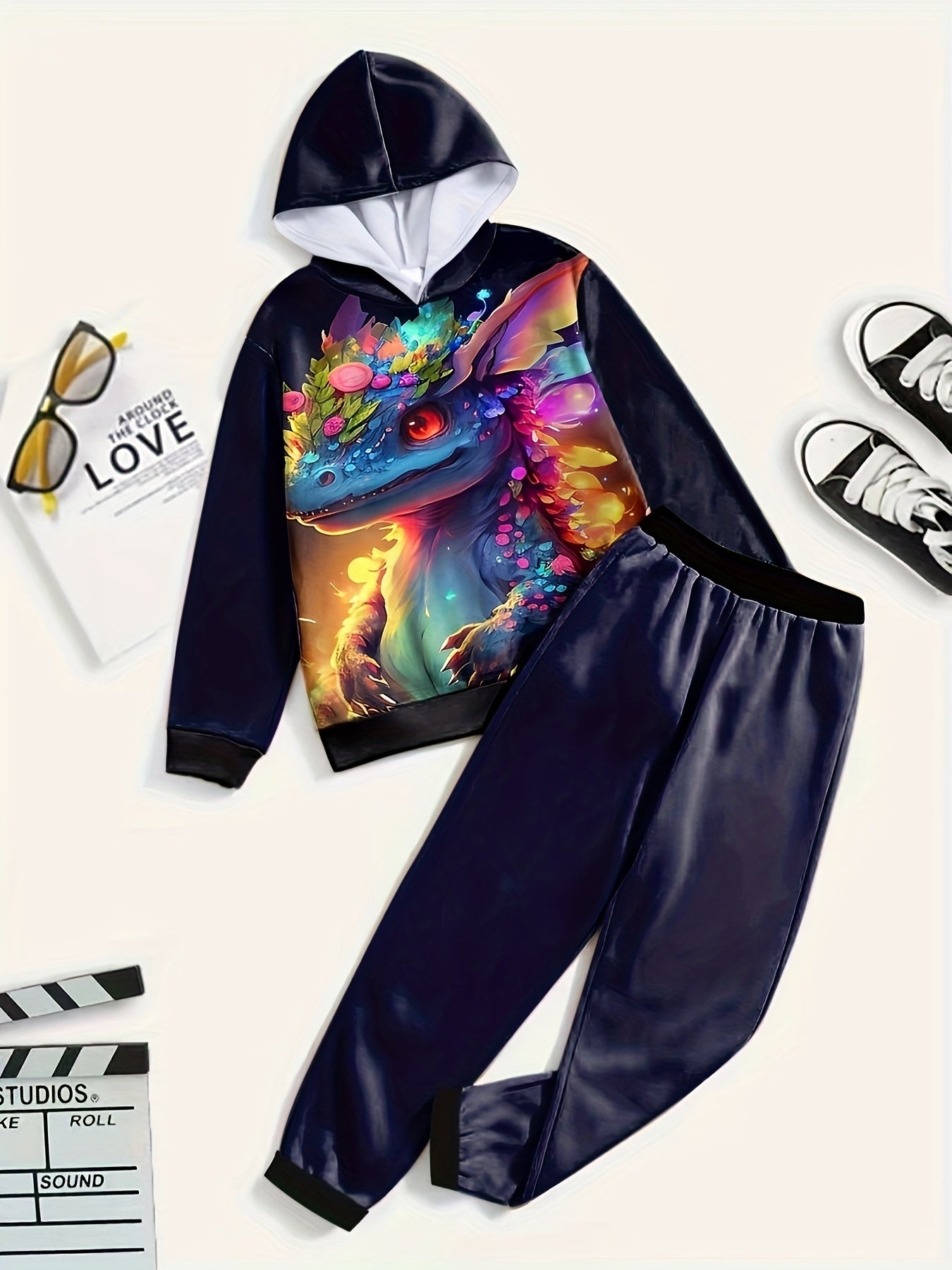 2pc Cartoon Rainbow Dino Hoodie Jogger Pants Kids Clothes