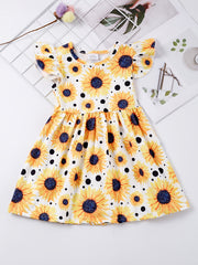 Girls Sunflower Graphic Dress Ruffled Sleeves for Party