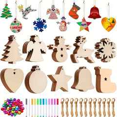 10pcs Natural Christmas Tree Pendant Hand-painted Decoration DIY Wood Chips