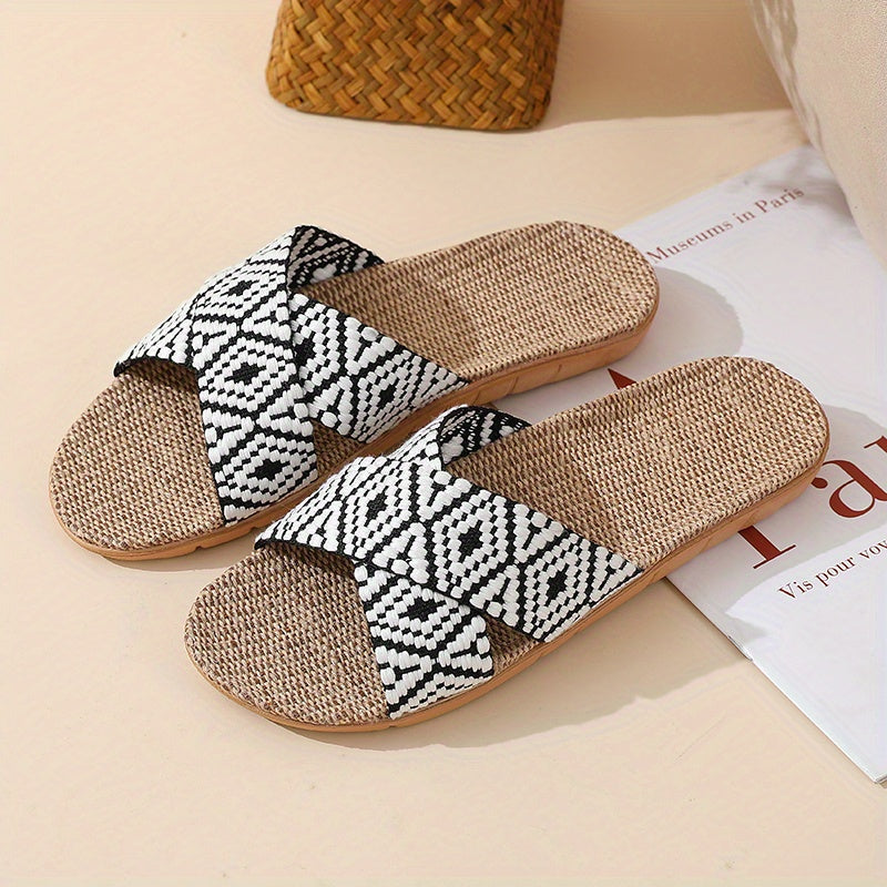 Women's Linen Flat Slides with Geometric Pattern