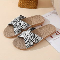 Women's Linen Flat Slides with Geometric Pattern