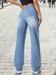 Butterfly Print Straight Jeans Ripped Holes Wide Legs Jeans