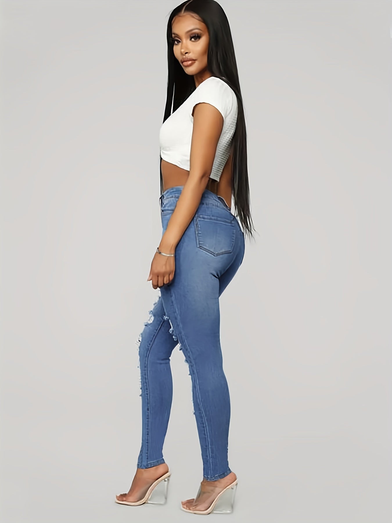 Distressed Skinny Jeans High Stretch Casual Denim Pants Women's Clothing