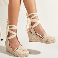 Women's Lace Up Wedge Espadrilles Sandals Lightweight Cross Strap Beach Shoes