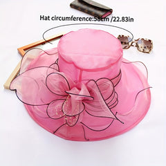 Rose Red Organza Sun Hat Mesh Flower Bridal Wedding Hat