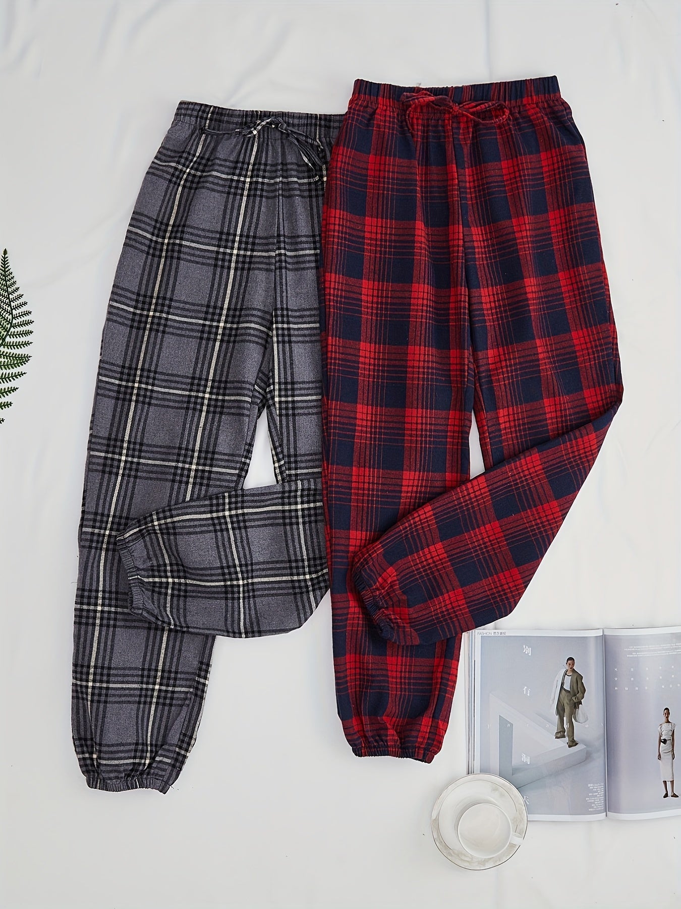 Colorblock Plaid Sleep Bottoms Lace Up Home Sleep Pants Women's Sleepwear