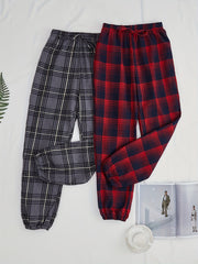 Colorblock Plaid Sleep Bottoms Lace Up Home Sleep Pants Women's Sleepwear