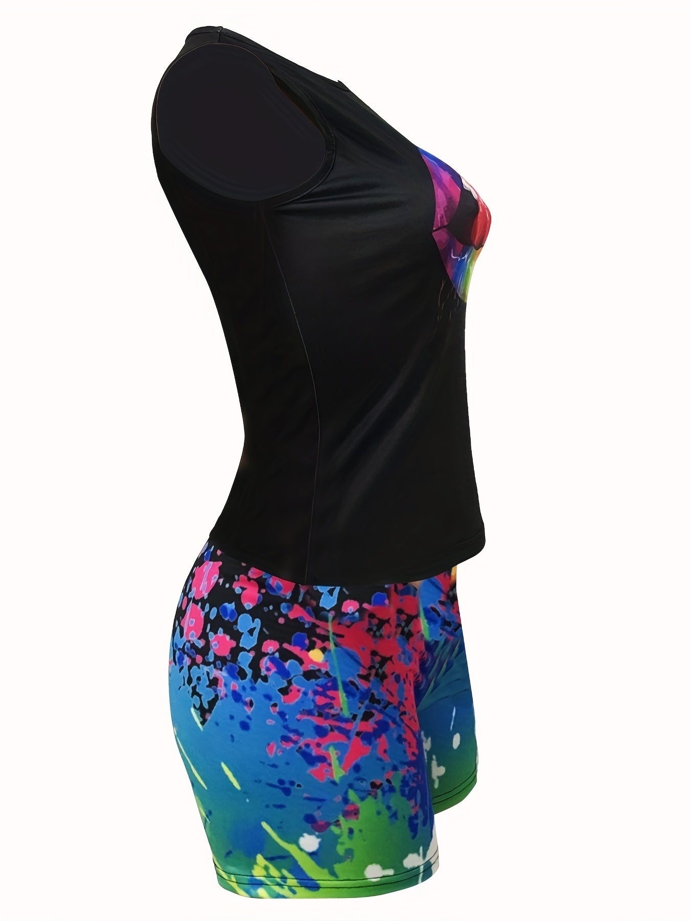 2 Pcs Letter Print Crew Neck Tank Top & Abstract Print Shorts Set