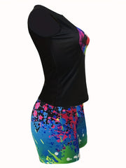2 Pcs Letter Print Crew Neck Tank Top & Abstract Print Shorts Set