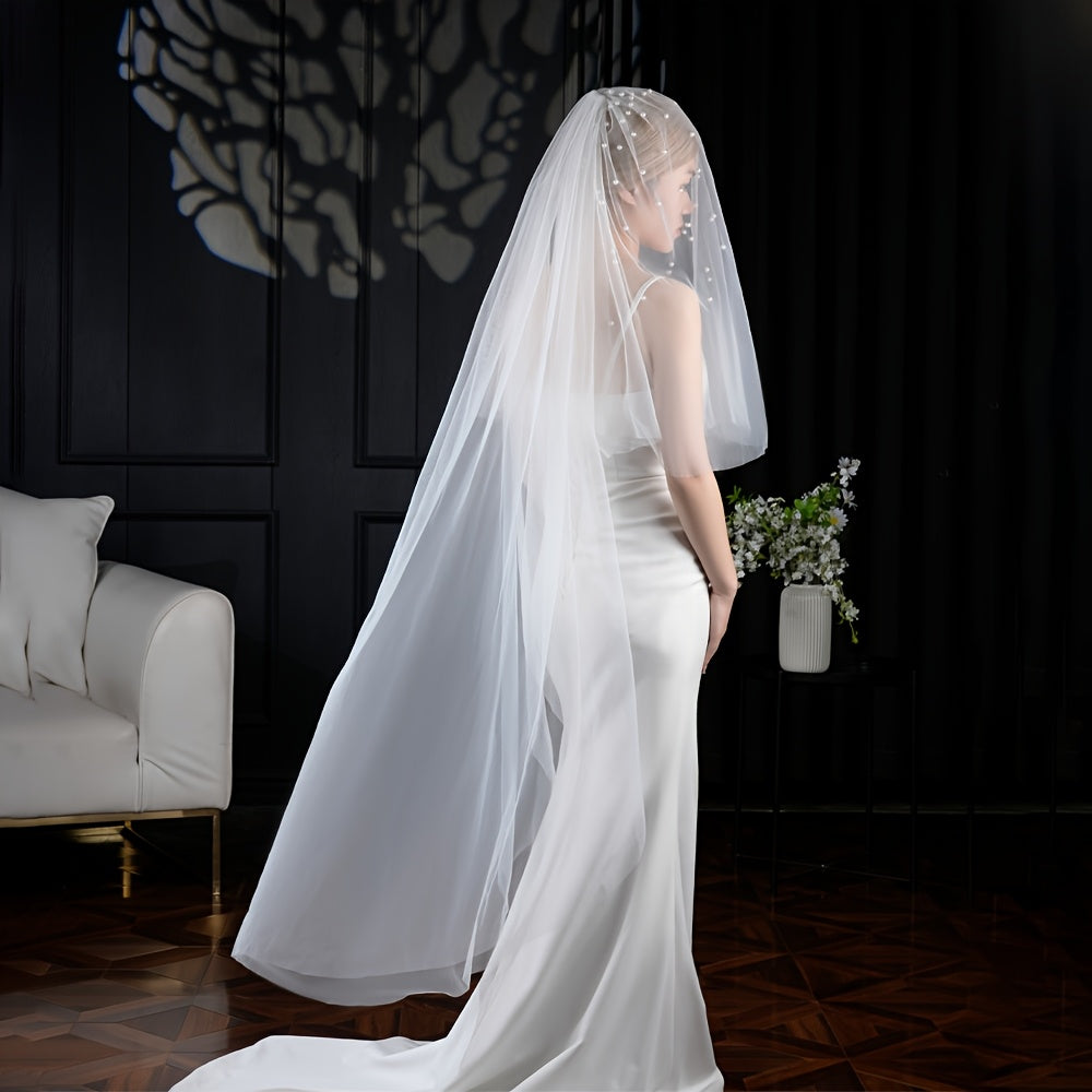 Vintage Double Layered Long Wedding Veil with Hand Embellished Sheer Bridal Veil