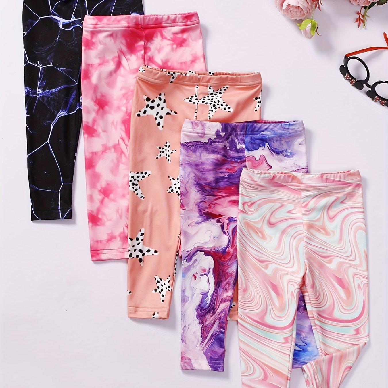 5pcs Girls' Stretch Tie Dye Footless Leggings for Trendy Style