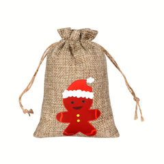 6pcs Christmas Candy Bags Set Drawstring Linen Bag for Holidays