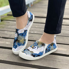 Women's Crane Print Flat Canvas Shoes Lightweight Slip On Loafers