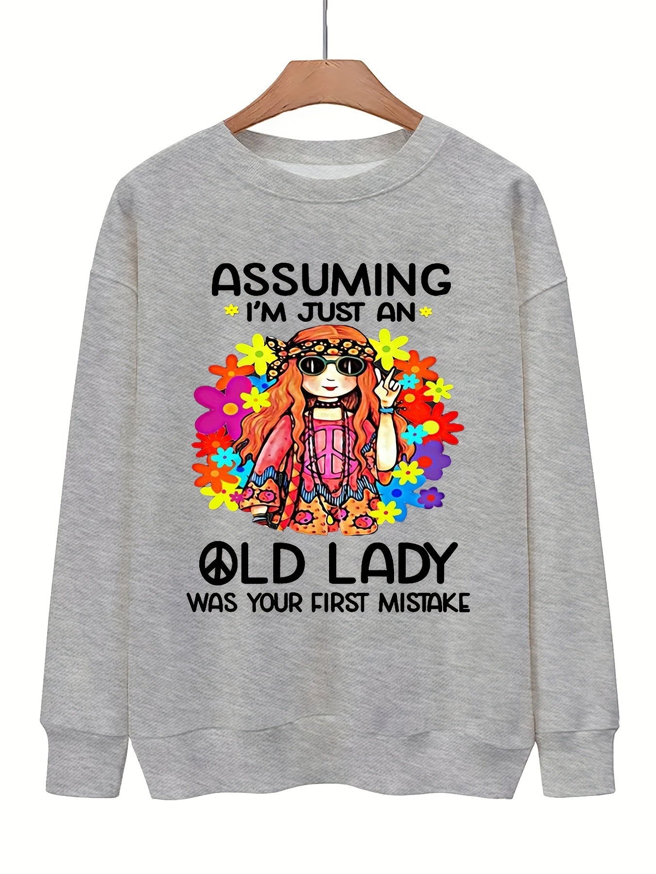 Girl & Letter Print Pullover Sweatshirt Casual Drops Shoulder