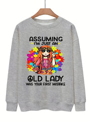 Girl & Letter Print Pullover Sweatshirt Casual Drops Shoulder