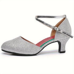 Women's Silver Mid Heel Latin Dance Shoes Closed Toe
