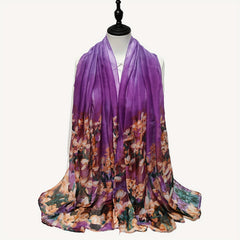 Vintage Purple Flower Print Scarf Gradient Warm Shawl Women Windproof Head Wrap