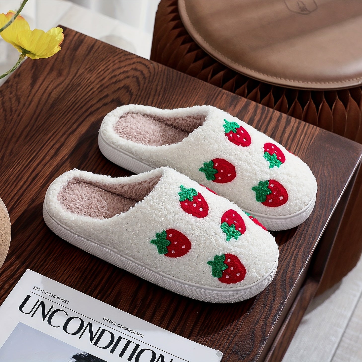 Women's Strawberry Pattern Embroidered Slippers Plush Lined Slip On Shoes