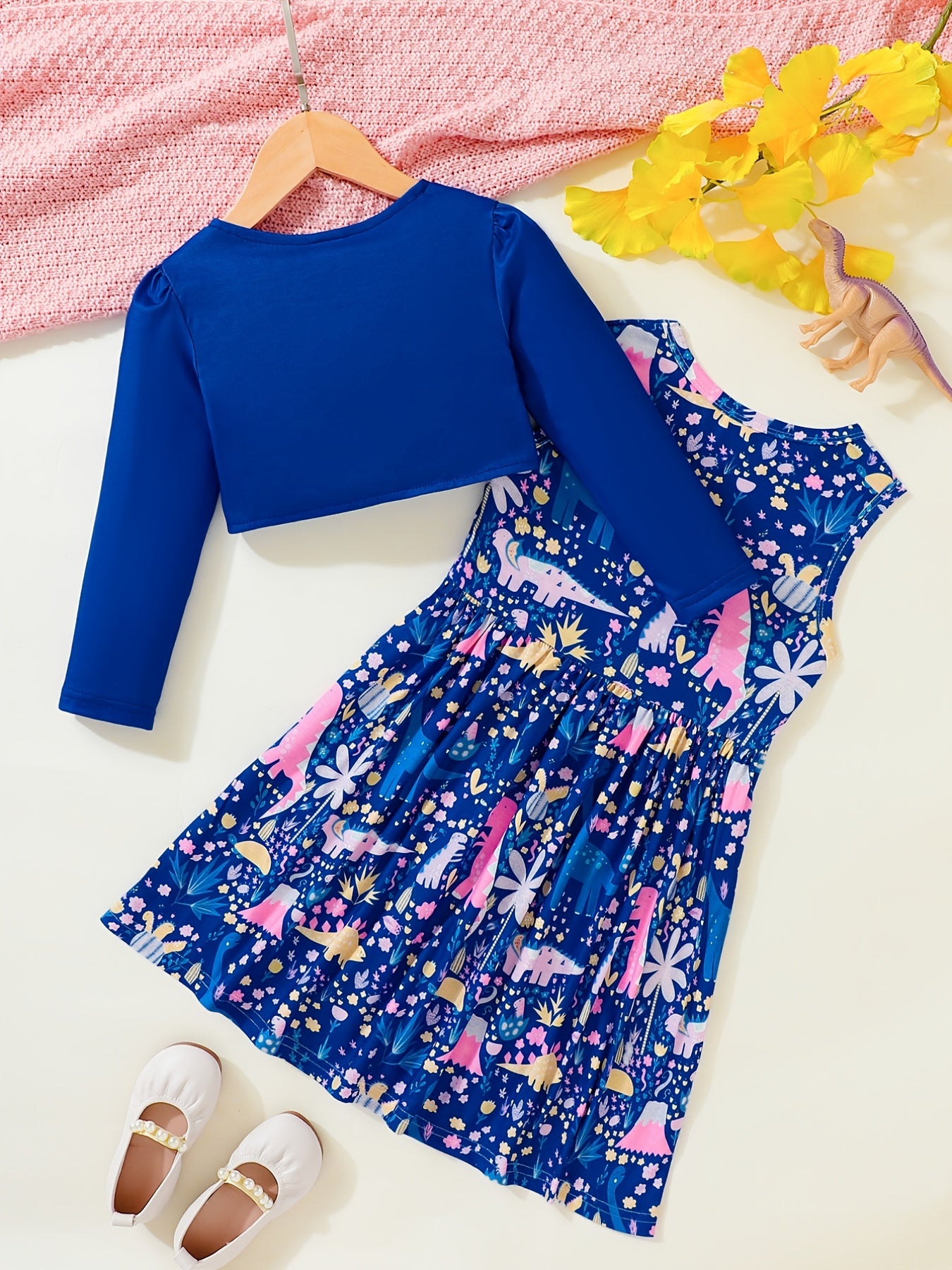 2pcs Dino Tank Dress & Cardigan Set for Girls - Floral Dinosaur Print Outfit