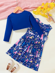 2pcs Dino Tank Dress & Cardigan Set for Girls - Floral Dinosaur Print Outfit