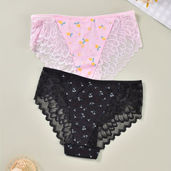 2 Pack Plus Size Panties Set Women's Plus Feather Lace Lemon Print